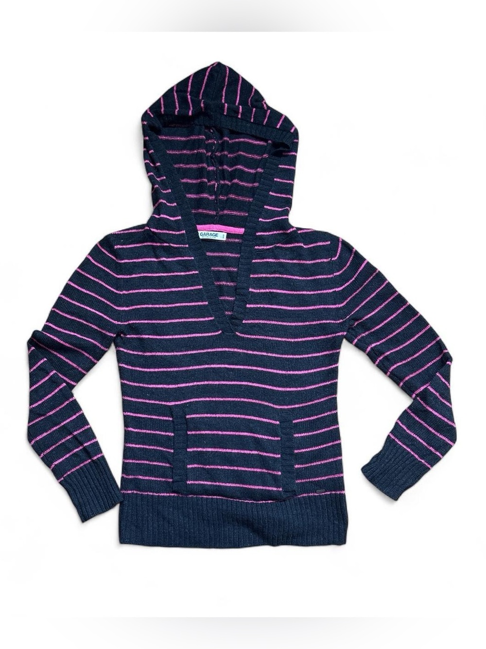 Vintage Y2K GARAGE Striped Angora Knit Hoodie Sweater Black Pink Size M